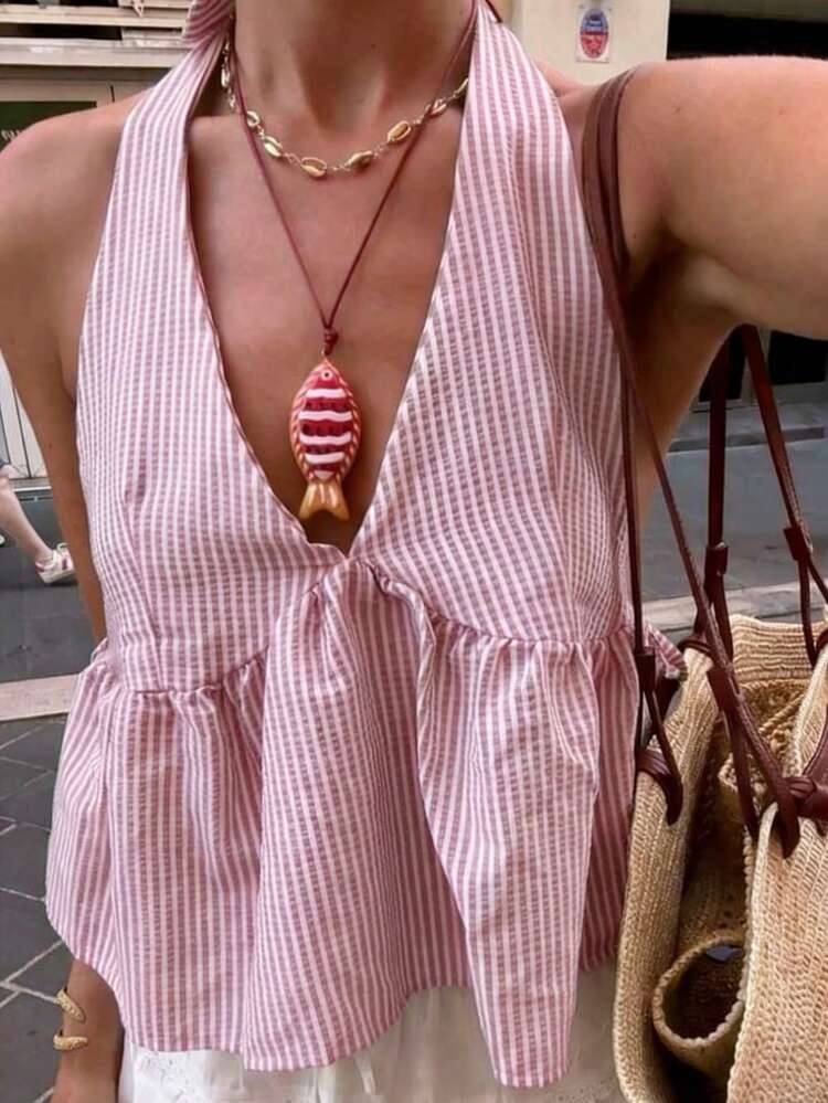 Women's Plaid Loose V-Neck A-Line Vacation Casual Striped Tank Top, Spring/Summer