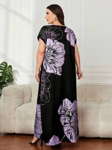 Al Najma Plus Size Women Floral Pattern V-Neck Elegant Arabic Style Dress - Purple - View 3