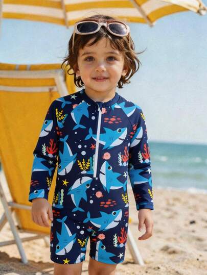 New Fashion Boys One-Piece Long Sleeve Shorts Swimsuit, Random Cute Print Romper Swimwear For Toddler Boys