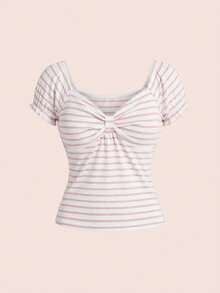 ROMWE Kawaii Áo croptop nữ dễ thương, ngọt ngào, gợi cảm, hở lưng, kẻ sọc, thiết kế nơ. - Hồng - Xem 1