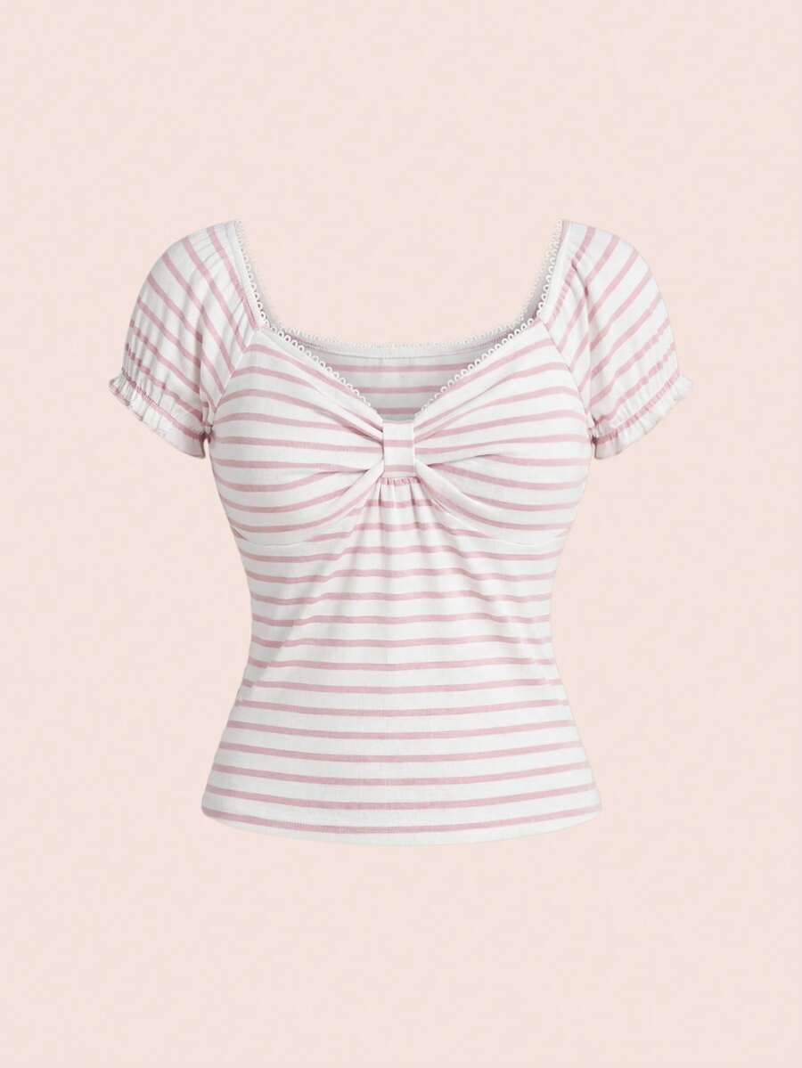 ROMWE Kawaii Áo croptop nữ dễ thương, ngọt ngào, gợi cảm, hở lưng, kẻ sọc, thiết kế nơ. - Hồng - Xem 1