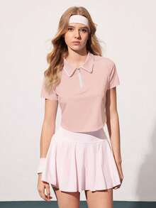 Courtclass 女士纯色短袖 Polo 衫 - 半拉链撞色运动上衣，适合网球、高尔夫训练、跑步和健身 - 粉色 - 查看 5