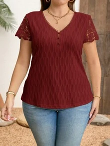 Clasi Camiseta de verano para mujer talla grande, blusa casual elegante, camiseta de punto jacquard blanca, camiseta de encaje con contraste - Burdeos - Ver 4