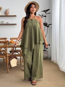 Enliva Conjunto informal de vacaciones estilo bohemio para mujer talla grande, conjunto de top halter con bajo asimétrico y pantalones, verde oliva para verano, para silueta de manzana y redondeada - Verde militar - Ver 5