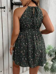 SHEIN Clasi 大码女式夏季度假印花腰部系带优雅连衣裙 - 軍綠色 - 查看 2
