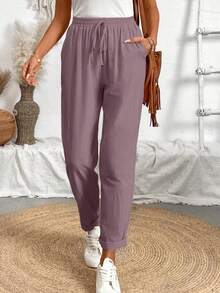 Breezaya Women Loose Drawstring Hemming Cuffed Casual Cropped Pants - Dusty Purple - View 4