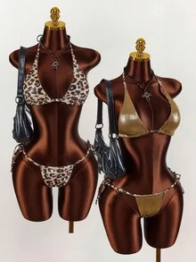 Amplova Bộ đồ bơi hai mặt dành cho nữ, màu bạc ánh kim, thích hợp cho các lễ hội âm nhạc, họa tiết da báo gợi cảm và dễ thương, gồm 2 mảnh. - Nhiều màu - Xem 1