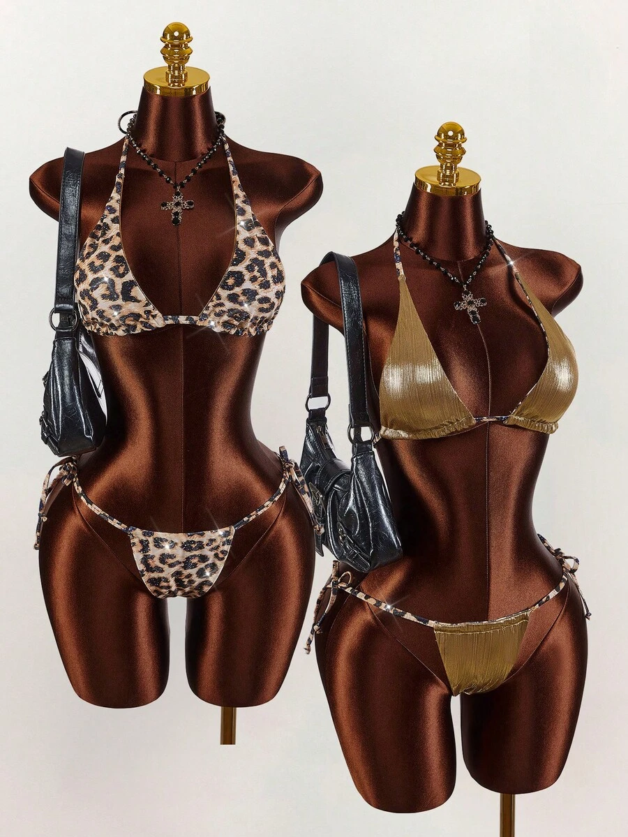 Amplova Bộ đồ bơi hai mặt dành cho nữ, màu bạc ánh kim, thích hợp cho các lễ hội âm nhạc, họa tiết da báo gợi cảm và dễ thương, gồm 2 mảnh. - Nhiều màu - Xem 1