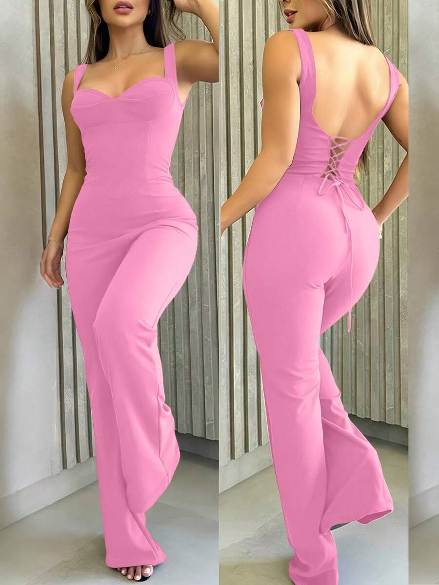 EMERY ROSE Sexy Backless Strap Straight Leg Elegant Jumpsuit For Women - Pink - View 1