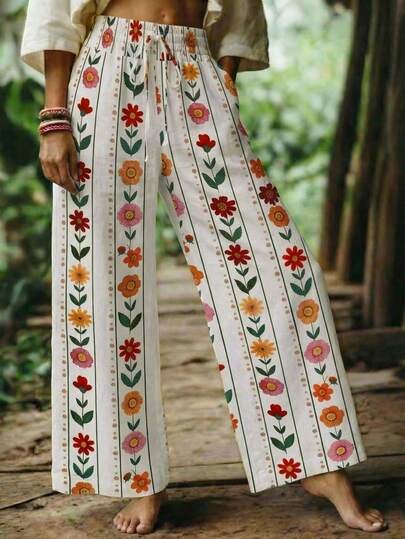 Breezaya Quần nữ ống đứng dáng suông, thắt nơ phía trước, họa tiết hoa, cạp thường, thích hợp mặc đi biển/nghỉ lễ/hàng ngày, mẫu mới mùa hè & thu 2026.