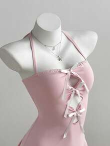 Elamini Women's Bow Decor Fashion Halter Neck Dress - Pink - View 4