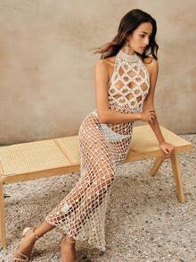 Anewsta Đầm sequin không tay cao cấp với dây đeo mảnh, kiểu dáng thanh lịch, thích hợp mặc ngoài biển vào mùa xuân/hè. - Màu be - Xem 1