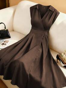 Franclia 女士单竹结亚麻衬衫领长裙，腰部褶裥A字长款连衣裙，军绿色，优雅法式复古风，适合办公室通勤、商务休闲、海滩、街头风、简约风、复古风、澳洲风，冬季、春夏、下午茶、派对、情人节、婚礼等场合穿着。 - 咖啡棕 - 查看 1