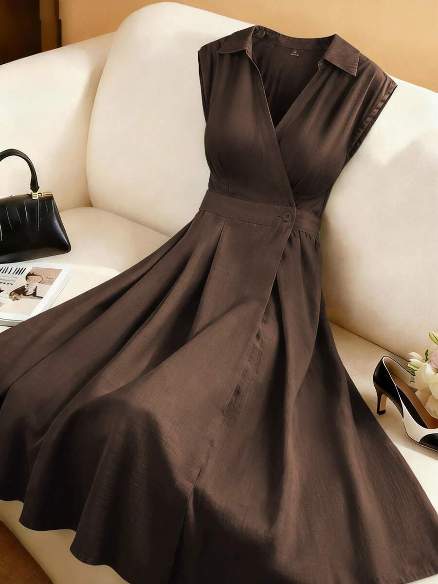 Franclia 女士单竹结亚麻衬衫领长裙，腰部褶裥A字长款连衣裙，军绿色，优雅法式复古风，适合办公室通勤、商务休闲、海滩、街头风、简约风、复古风、澳洲风，冬季、春夏、下午茶、派对、情人节、婚礼等场合穿着。 - 咖啡棕 - 查看 1