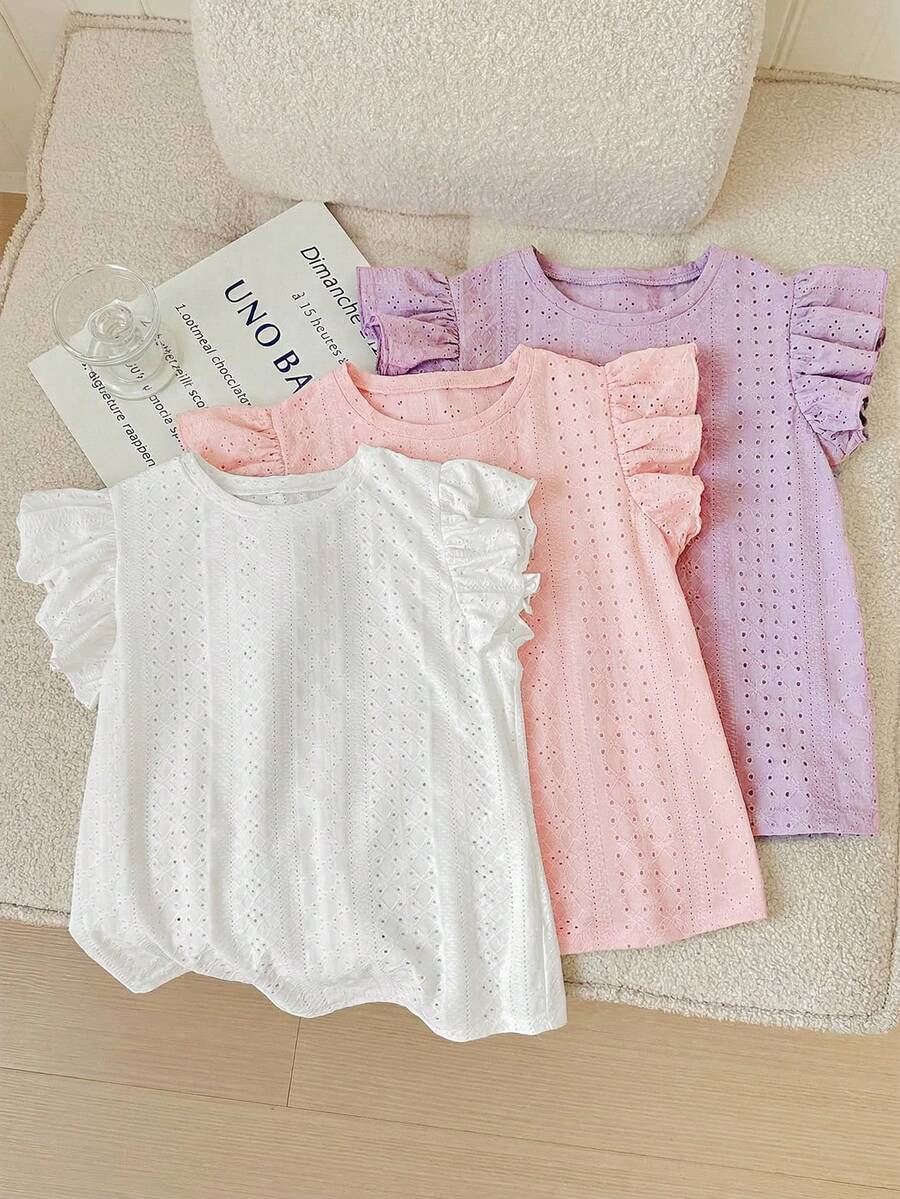 SHEIN LMoss Kids 3件套/少女套装/少女休闲提花针织纯色圆领短袖上衣 - 彩色 - 查看 1