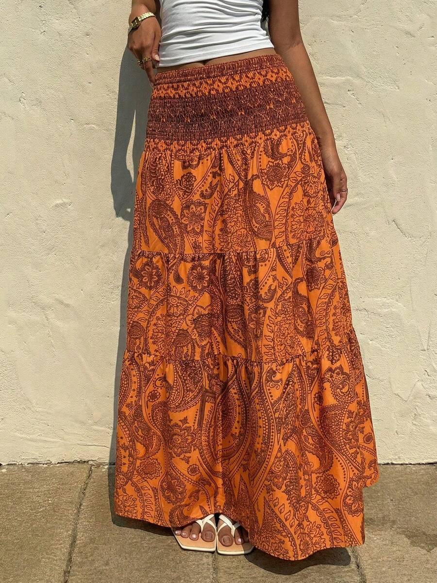 Sunnyshic Chân váy in họa tiết Bohemian dành cho nữ, thích hợp cho kỳ nghỉ và sinh hoạt hàng ngày, mùa xuân/hè. - Màu Cam san hô - Xem 1