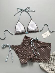 Swim Mod 女士沙滩套装 - 复古波点印花、撞色条纹印花、串珠装饰，时尚休闲度假甜美可爱性感优雅女士泳装套装 - 挂脖比基尼、三角上衣和短裤三件套 - 彩色 - 查看 5