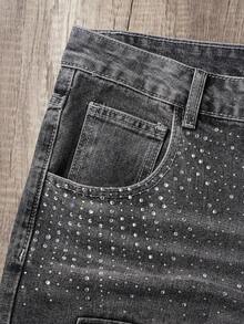 Manfinity Joysei Pantalones cortos vaqueros de pierna ancha con bolsillo con adorno de rhinestones, estilo casual y holgado para hombres - Gris - Ver 3