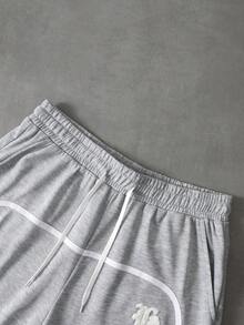 Manfinity Roghcode Pantalones cortos de verano casuales para hombres con cordón en la cintura, diseño rasgado, bordado de letras, bordado de toalla, pantalones cortos versátiles de uso diario de pierna ancha en color gris - Gris - Ver 5