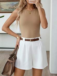 EMERY ROSE 2026 Neuer Früh-Sommer Französischer eleganter Modestil brauner schmeichelhafter Top + Elastischer Taille weiße weite Shorts Set, Lässiger täglicher Urlaubsoutfit für Frauen - Verschiedenfarbig - Übersicht 5