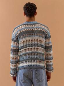 Musero Áo nam dệt kim móc họa tiết sọc, tay loe, dáng rộng, thích hợp cho mùa xuân, hè, lễ hội, kỳ nghỉ. - Màu xanh lam - Xem 4