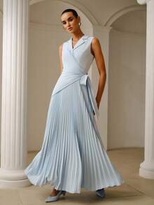 ZEYLAH Asymmetric Pleated Collar Dress, Spring/Summer - Blue - View 3