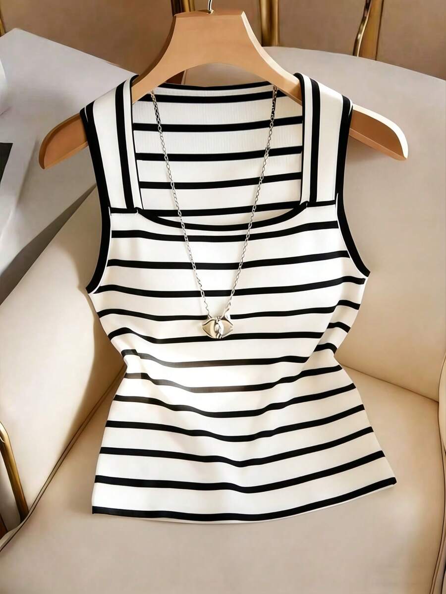 Franclia Áo tank top nữ không tay in họa tiết kẻ sọc, áo thun in hình, áo kiểu thường ngày, thích hợp cho kỳ nghỉ, du lịch, sinh viên, áo sơ mi thường ngày, áo hai dây thường ngày, áo kiểu trắng, đi biển, áo dễ thương, áo sơ mi kẻ sọc, áo hai dây kẻ sọc, mùa hè, áo mùa hè - Đen và trắng - Xem 1