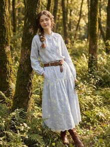 DAZY Women's Casual Striped Embroidered Floral Stand Collar Shirt And A-Line Skirt 2-Piece Set, Spring/Summer - Blue - View 6