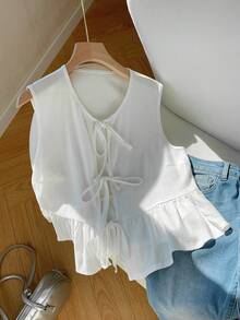 Comfortcana Women's Solid Color Belted Sleeveless Casual Vacation Shirt - White - View 5