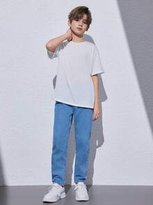 SHEIN 中學生男孩休閒全配牛仔褲，純色款式 - 中等水洗藍 - 查看 6