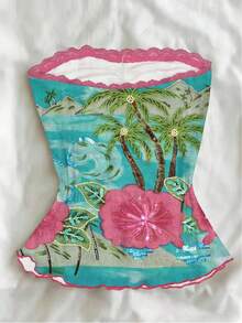 Glimmora 2026 Summer Women Tropical Palm Tree Embroidered Strapless Tube Top Beaded Lace Trim Vacation Cami Top For Beach  - Multicolor - View 2