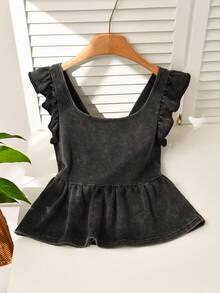 CosyJoli 女士休闲度假T恤，春夏修身荷叶边下摆T恤，雪花印花T恤，黑色后背蝴蝶结T恤，方领T恤 - 黑色 - 查看 3