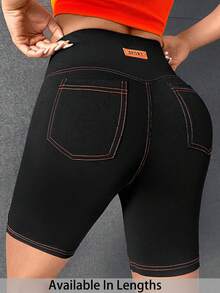 SHEIN PETITE CURVE Plus Size Letter Patched Top-Stitching Biker Shorts - Black - View 1