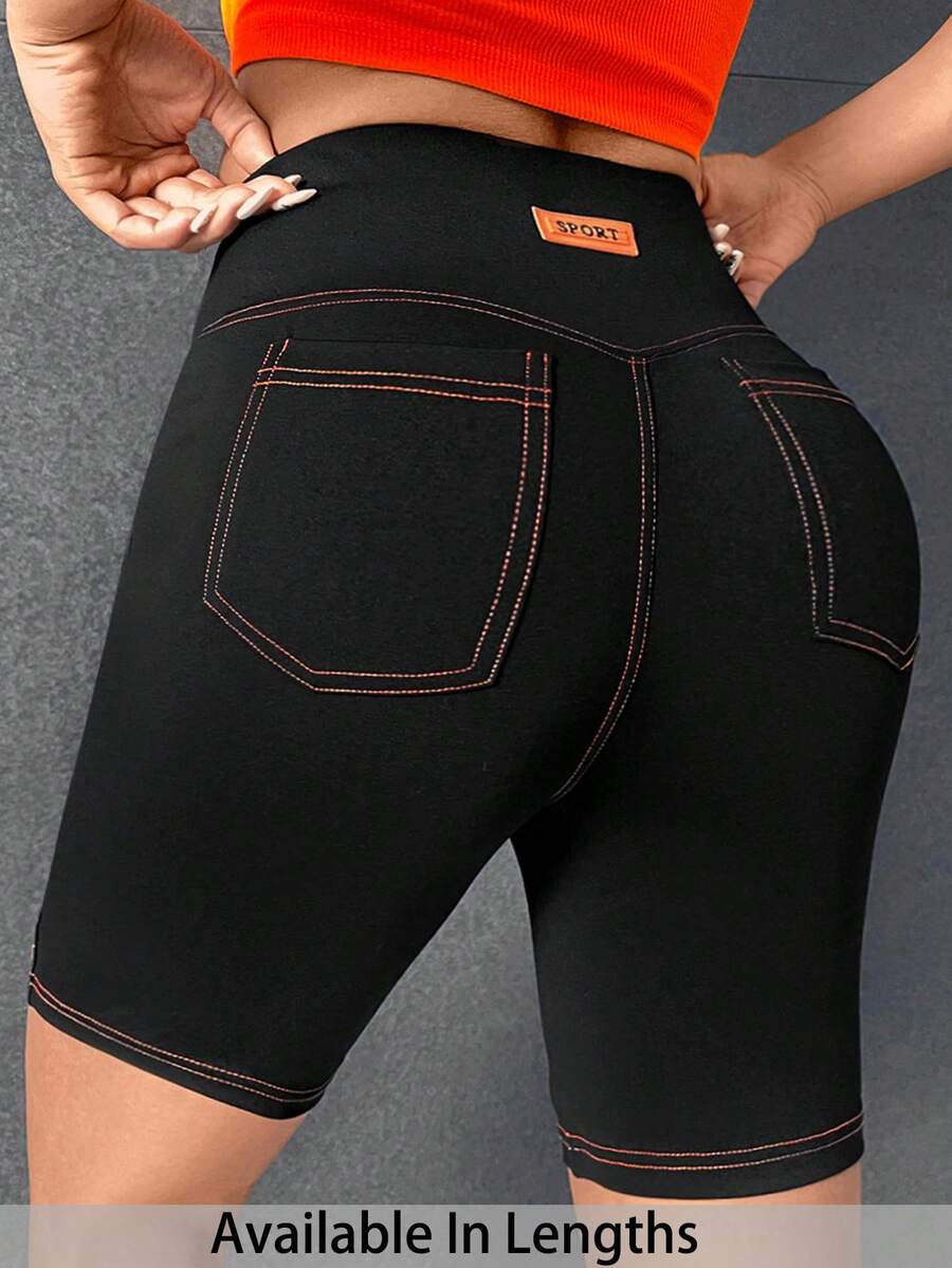 SHEIN PETITE CURVE Plus Size Letter Patched Top-Stitching Biker Shorts - Black - View 1