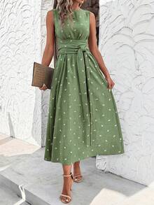 Editum Women's Elegant Boho Linen Floral Print Tie-Waist Sleeveless Long A-Line Vacation Dress, Summer Zanea Yisikado Green Floral - Mint Green - View 5