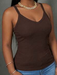 Slaydiva 2026春夏新款休闲百搭纯白色罗纹V领露背褶皱女式背心。适合约会、情人节、婚礼季、派对、夜店、运动、瑜伽、度假、海滩、波西米亚风、沙滩、返校、日常出行、下午茶、早午餐、机场穿搭等场合。 - 棕色 - 查看 7