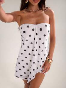 SHEIN BAE 女士休闲度假无肩带A字波点印花迷你连衣裙，适合海滩度假、姐妹休闲度假、休闲外出、浪漫约会，波点迷你连衣裙，黑色波点迷你连衣裙，度假波点连衣裙 - 白色 - 查看 6