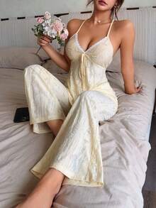 Napfluff French Romantic Lace Tie-Up Textured Jacquard Camisole And Flared Pants Loungewear Set - Yellow - View 1