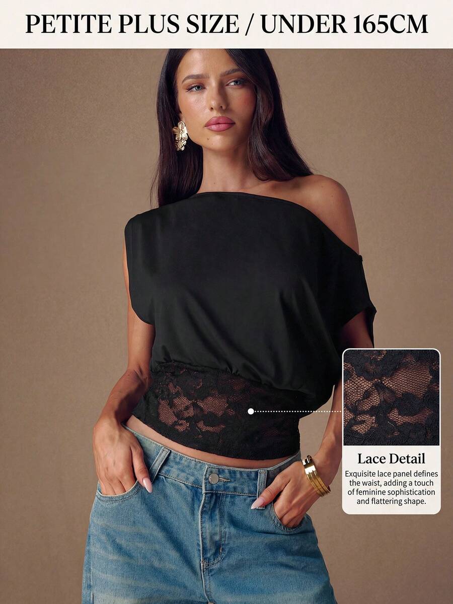 SHEIN PETITE CURVE 大码女装时尚黑色针织蕾丝拼接不对称肩部上衣，夏季衬衫，休闲上衣，优雅上衣，度假装，黑色上衣 - 黑色 - 查看 1