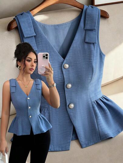 SHEIN Elenzya 优雅通勤风蝴蝶结装饰收腰前扣吊带背心，夏季