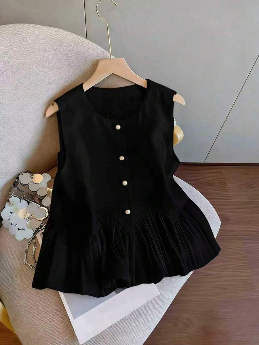 Resyla Top sin mangas con cuello redondo y diseño de patchwork para mujeres - Negro - Ver 1