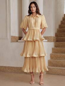 Anewsta Robe de vacances, chemise à manches pétales d'été col chemisier jupe plissée gâteau, robe longue kaki à ourlet volumineux fortement ornée col plissé bouffant gâteau - Kaki - Voir 3