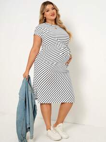 SHEIN Maternity Plus Size Striped Round Neck Short Sleeve Side Knot Casual Dress Summer Dresses Work Outfits - Black and White - View 5
