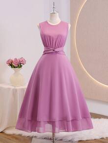 Teen Girl Solid Color Round Neck Twist Waist Design Sleeveless Dress - Purple - View 6