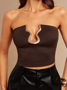Silquee Sexig bandeau-topp med metalldesign och urholkning för kvinnor - Brun - Visa 6