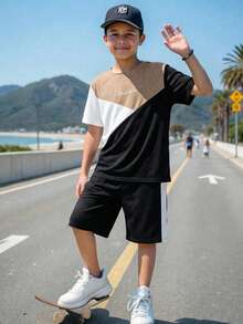 SHEIN 2pcs Kids Tween Boys' Casual Everyday Comfortable Patchwork Contrast Color Letter Print Graphic Round Neck Loose Pullover Short Sleeve T-Shirt And Shorts Knit Set, Suitable For Spring And Summer - Multicolor - View 1