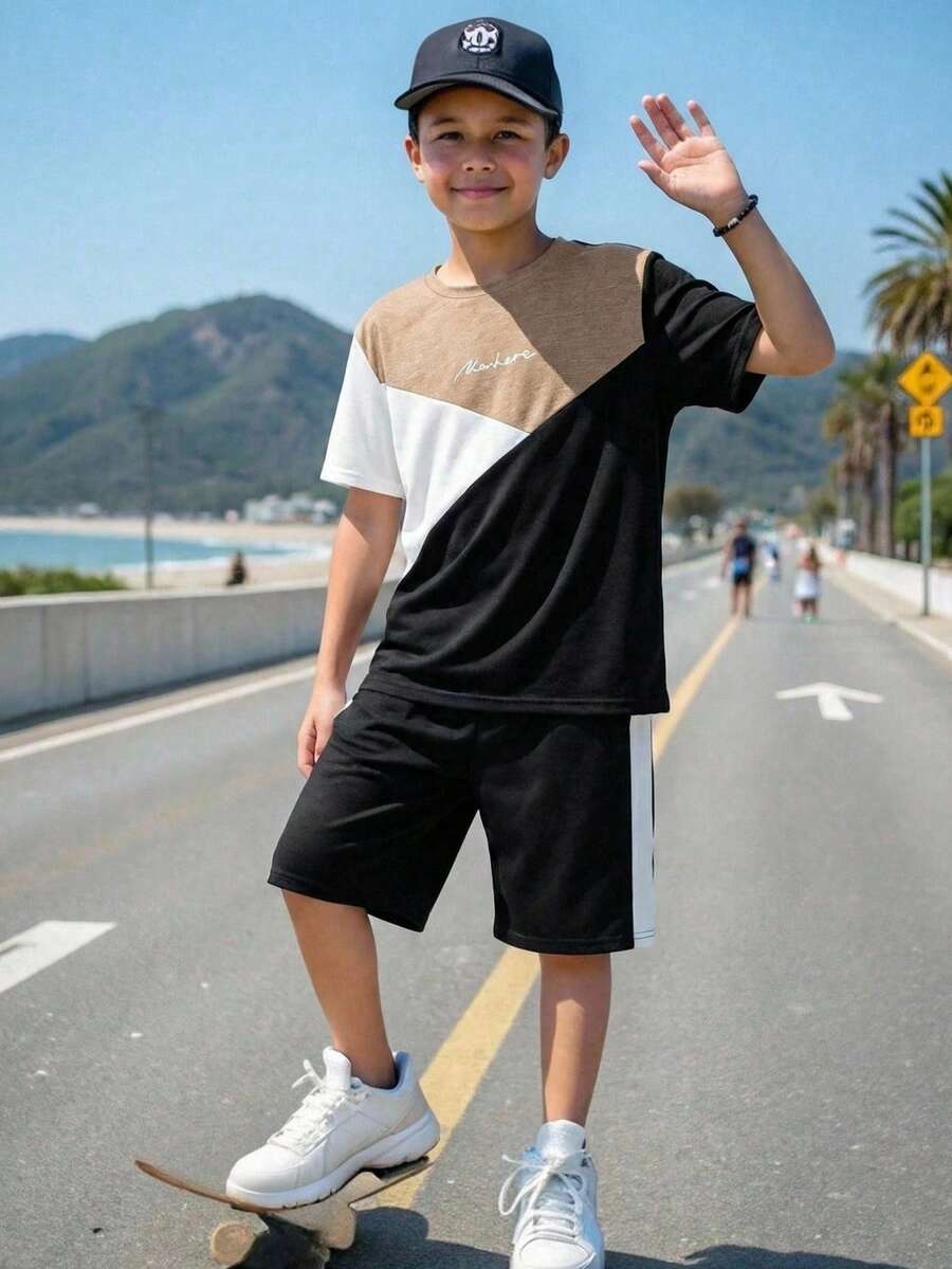 SHEIN 2pcs Kids Tween Boys' Casual Everyday Comfortable Patchwork Contrast Color Letter Print Graphic Round Neck Loose Pullover Short Sleeve T-Shirt And Shorts Knit Set, Suitable For Spring And Summer - Multicolor - View 1