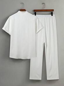 Manfinity Homme 男士两件套衬衫，白色套装 - 短袖衬衫搭配带侧袋的松紧腰长裤，年轻街头风，热门单品，送给男友的礼物，休闲运动街头日常通勤返校假期穿搭，送给男友和老公的最佳选择，情侣装 - 白色 - 查看 2