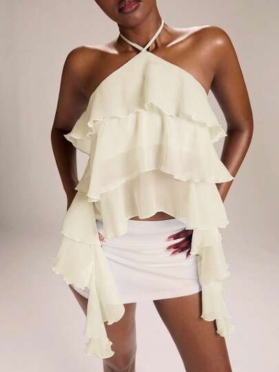SHEIN BAE Women's Spring/Summer Halter Neck Tie Ruffle Hem Asymmetrical Hem Delicate Blouse