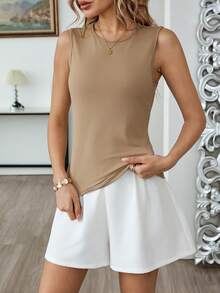 EMERY ROSE 2026 Neuer Früh-Sommer Französischer eleganter Modestil brauner schmeichelhafter Top + Elastischer Taille weiße weite Shorts Set, Lässiger täglicher Urlaubsoutfit für Frauen - Verschiedenfarbig - Übersicht 3